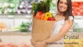  Presentation with vegetables - Audience pleasing slide set consisting of vegetables - smiling woman shopping backdrop and a coral colored foreground