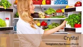  Presentation with healthy eating - Slide deck having vegetables - woman chosen milk opened refrigerator background and a coral colored foreground
