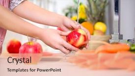  Presentation with surgical hand washing - Theme with vegetables - woman hands washing tasty apple background and a coral colored foreground