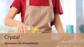  Presentation with cooking oil - Slides with vegetables - woman pouring cooking oil background and a coral colored foreground