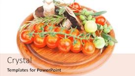  Presentation with white plate - Slides having vegetables-and-olives-over-wooden and a  colored foreground