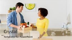  Presentation with healthy people - Audience pleasing PPT theme consisting of vegetables and tablet pc computer backdrop and a  colored foreground