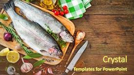  Presentation with cutting board - Slide set with vegetables carving - fresh trouts with spices background and a tawny brown colored foreground