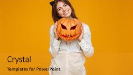  Presentation with happy halloween card - Amazing PPT theme having vegetables carving - happy teenage schoolgirl in uniform backdrop and a gold colored foreground