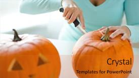  Presentation with crime halloween concept blood dripping - Beautiful presentation theme featuring vegetables carving - holidays halloween decoration and people backdrop and a  colored foreground