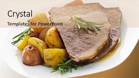  Presentation with roast sirloin beef - Slide deck consisting of vegetables carving - serving of roast beef background and a coral colored foreground