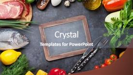  Presentation with meat beef - Slide deck enhanced with vegetables fish meat and ingredients background and a gray colored foreground