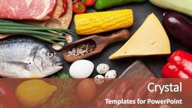  Presentation with meat beef - Theme enhanced with vegetables fish meat and ingredients background and a tawny brown colored foreground