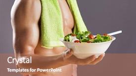  Presentation with fresh man chemistry - Audience pleasing PPT theme consisting of healthy foods exercise - fit man holding a bowl backdrop and a coral colored foreground