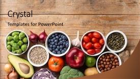  Presentation with vegan diet - Colorful presentation design enhanced with vegetables fruits and superfood nutrition backdrop and a coral colored foreground