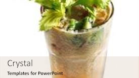  Presentation with celery - Audience pleasing theme consisting of vegetables healthy cocktail from tomatoes kiwi and apple served with celery leaves isolated on white background backdrop and a coral colored foreground