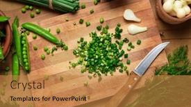  Presentation with green fresh food - Presentation having vegetables-on-a-wooden-kitchen background and a gold colored foreground