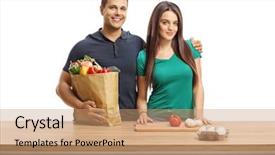  Presentation with cheerful - Amazing PPT layouts having vegetables packet - young cheerful man and woman backdrop and a coral colored foreground