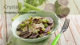  Presentation with broad - Amazing PPT theme having vegetables-salad-with-purple-potatoes backdrop and a yellow colored foreground