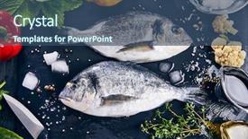  Presentation with food fish - Theme with vegetables spice on black stone background and a ocean colored foreground