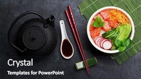  Presentation with salmon fish - Colorful slide deck enhanced with vegetables tea pot traditional hawaiian backdrop and a dark gray colored foreground