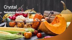  Presentation with vegan food - Beautiful presentation featuring vegetables with herb kitchen garden backdrop and a dark gray colored foreground