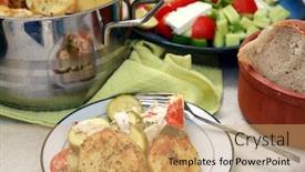  Presentation with vegetarian - Audience pleasing presentation theme consisting of vegetarian bake of sliced courgettes potatoes tomatoes and myzithra cream cheese a traditional cretan greek dish backdrop and a coral colored foreground