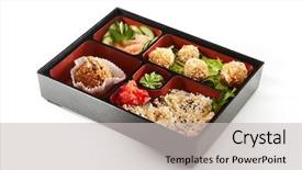  Presentation with vegetarian - Beautiful PPT layouts featuring vegetarian bento lunch with rice backdrop and a light gray colored foreground