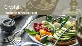  Presentation with vegetarian - Slide deck enhanced with vegetarian dinner - salad and wine background and a  colored foreground