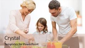  Presentation with vegetarian - Colorful PPT theme enhanced with vegetarian food culinary happiness and people concept - happy family cooking vegetable salad for dinner over kitchen background backdrop and a coral colored foreground