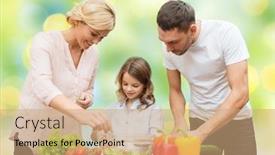  Presentation with green lights - Audience pleasing presentation consisting of vegetarian food culinary happiness and people concept - happy family cooking vegetable salad for dinner over green lights background backdrop and a coral colored foreground