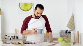  Presentation with healthy people - Slide set enhanced with vegetarian food healthy eating people and diet concept - man having vegetable sandwiches with coffee for breakfast and reading newspaper at home kitchen background and a mint green colored foreground