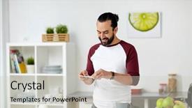  Presentation with food technology - Colorful theme enhanced with vegetarian food healthy eating people technology and breakfast concept - man with smartphone photographing vegetable sandwiches at home kitchen backdrop and a light gray colored foreground