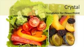  Presentation with food white - Colorful slide set enhanced with vegetarian food in plastic box backdrop and a yellow colored foreground