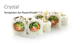  Presentation with cucumber cream - Slides enhanced with vegetarian maki sushi - roll made of cucumber bell pepper salad leaf and carrots inside topped with sesame and cream background and a white colored foreground