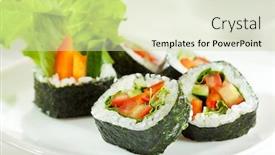  Presentation with vegetarian - Presentation theme having vegetarian maki sushi - roll made of tomato cucumber bell pepper salad leaf background and a soft green colored foreground