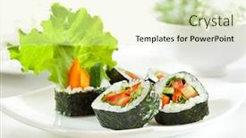  Presentation with vegetarian - Amazing PPT theme having vegetarian maki sushi - roll made of tomato cucumber bell pepper salad leaf backdrop and a soft green colored foreground