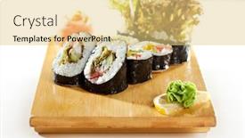  Presentation with cucumber cream - Presentation theme consisting of vegetarian maki sushi - roll made of tomato cucumber bell pepper salad leaf and cream cheese inside nori outside background and a yellow colored foreground