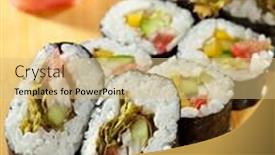  Presentation with cucumber cream - Slide set having vegetarian maki sushi - roll made of tomato cucumber bell pepper salad leaf and cream cheese inside nori outside background and a yellow colored foreground