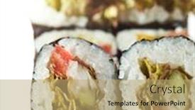  Presentation with cucumber cream - Presentation theme having vegetarian maki sushi - roll made of tomato cucumber bell pepper salad leaf and cream cheese inside nori outside background and a coral colored foreground