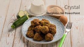  Presentation with meatball - Audience pleasing theme consisting of vegetarian meatball with zucchinis backdrop and a soft green colored foreground