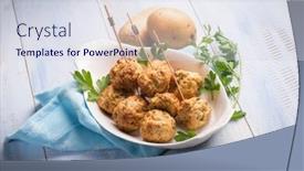  Presentation with vegetarian - Presentation design having vegetarian meatballs with potatoes background and a sky blue colored foreground