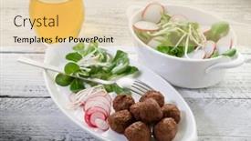  Presentation with soy - Slides having vegetarian meatballs with slice radish soy sprout and salad background and a lemonade colored foreground