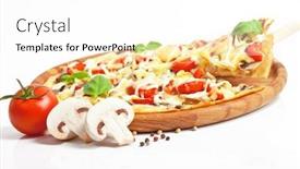  Presentation with vegetarian - Amazing PPT layouts having vegetarian pizza with peppers mushrooms backdrop and a white colored foreground