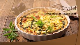  Presentation with vegetarian - Amazing PPT theme having vegetarian-quiche-on-wood-background backdrop and a coral colored foreground