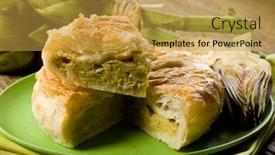 Presentation with vegetarian - Audience pleasing PPT theme consisting of vegetarian quiche with artichoke on wood background backdrop and a yellow colored foreground