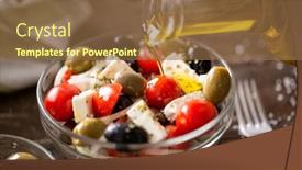  Presentation with olive green - PPT theme with vegetarian salad with fresh vegetables feta and green olives pouring virgin olive oil on wooden table background and a tawny brown colored foreground