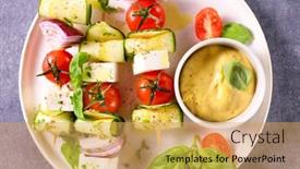  Presentation with vegetarian - Beautiful slide deck featuring vegetarian-skewer-and-dipping-sauce backdrop and a yellow colored foreground