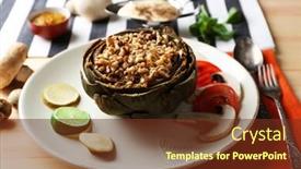  Presentation with vegetarian - Cool new theme with vegetarian stuffed artichoke on plate on table background backdrop and a tawny brown colored foreground