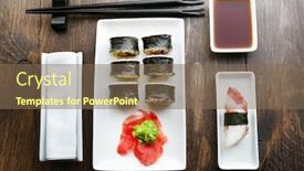  Presentation with rustic wood wooden frame - Slide set consisting of vegetarian-sushi-rolls-on-plate background and a violet colored foreground