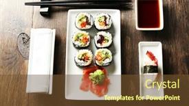  Presentation with vegetarian - Presentation design with vegetarian sushi rolls on plate on wooden background background and a tawny brown colored foreground
