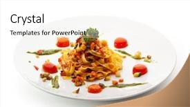 Presentation with vegetarian - Slides having vegetarian tagliatelle with cherry tomato and pesto sauce background and a white colored foreground