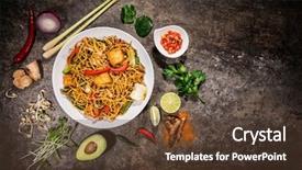  Presentation with asian food - Slide deck with vegetarian tofu asian food background background and a tawny brown colored foreground
