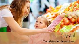  Presentation with fruit and vegetable packaging - Slides having vegeteble store - mother and daughter shopping background and a  colored foreground