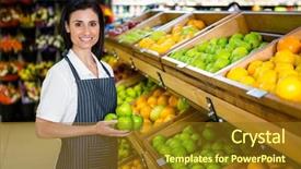  Presentation with supermarket - PPT theme enhanced with vegeteble store - portrait of a smiling worker background and a  colored foreground